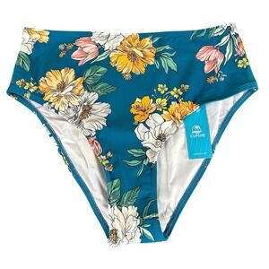 Cupshe High Waist Bikini Bottoms Women Size M Teal Green Floral Swimwear Coastal